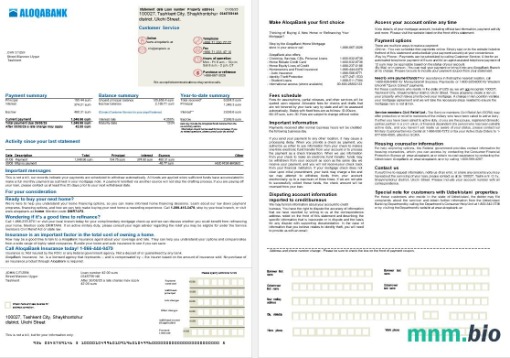 Uzbekistan Aloqabank wyciąg z kredytu hipotecznego w formatach Word i PDF, 2 strony